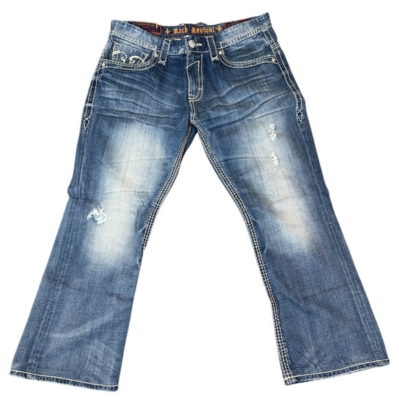 NWOT Rock Revival Relaxed Fit Antonio Bootcut Denim Jeans Men's Size 36x28 $220‎